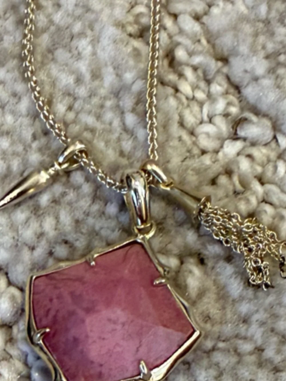Gold-Tone Necklace with Pink Stone Pendant and Tassel